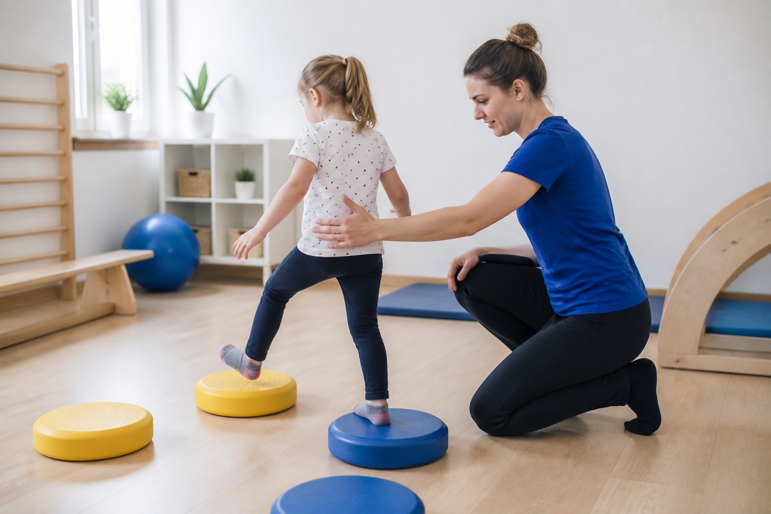 Kind beim spielerischen Gleichgewichtstraining in der Kinderphysiotherapie