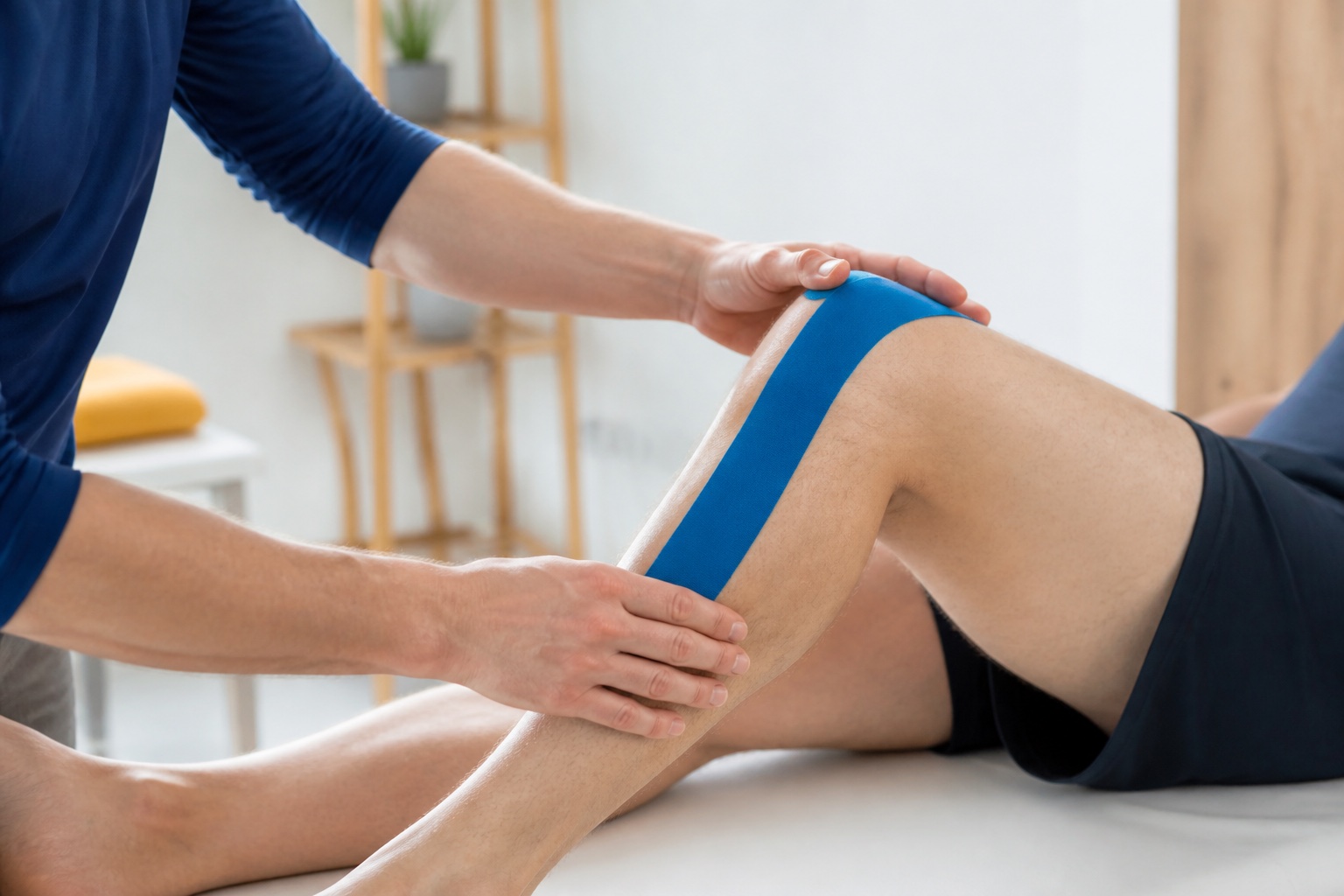 Anlegen eines blauen Kinesio-Tapes am Knie
