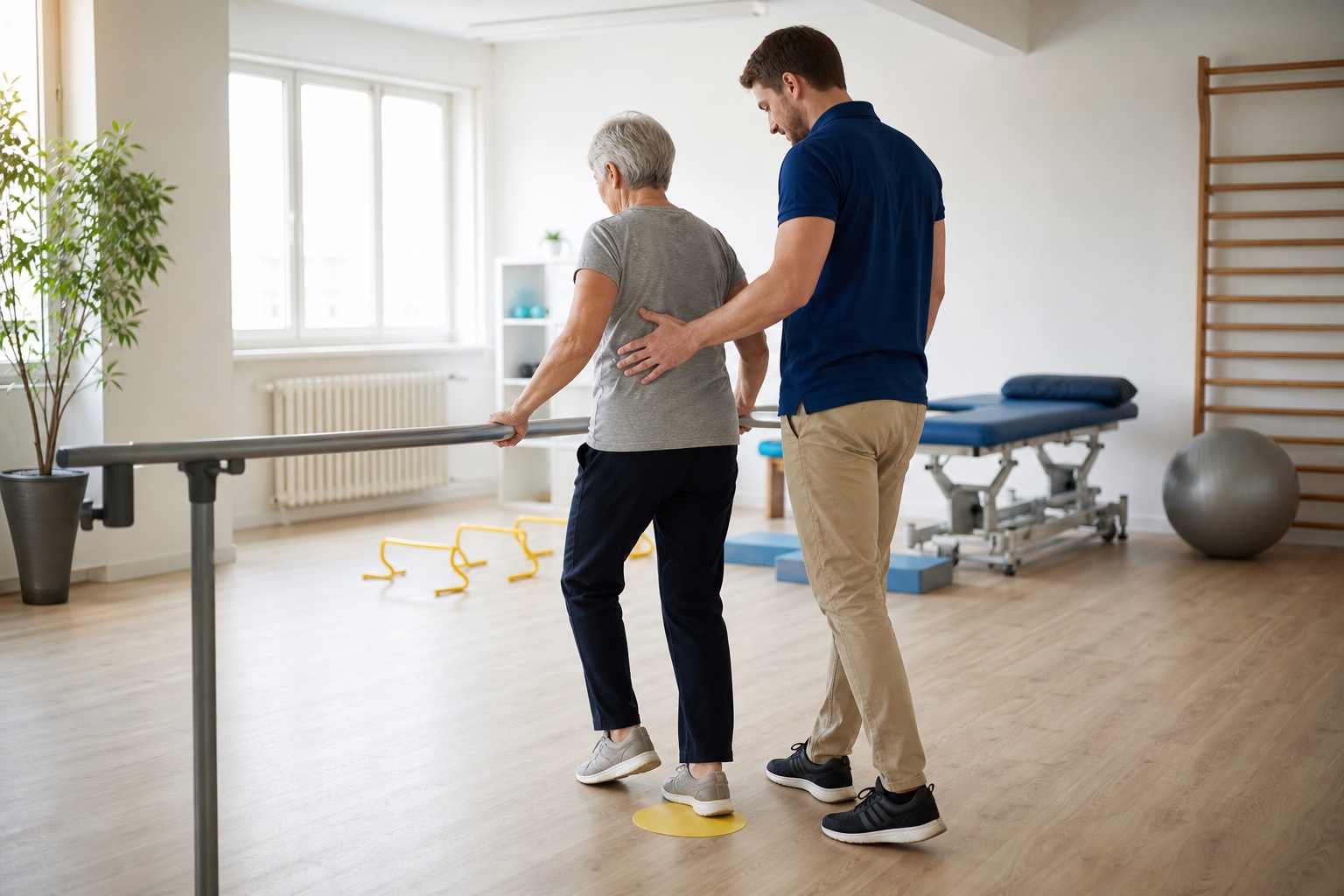 Ältere Patientin beim sicheren Geh- und Gleichgewichtstraining mit einem Physiotherapeuten