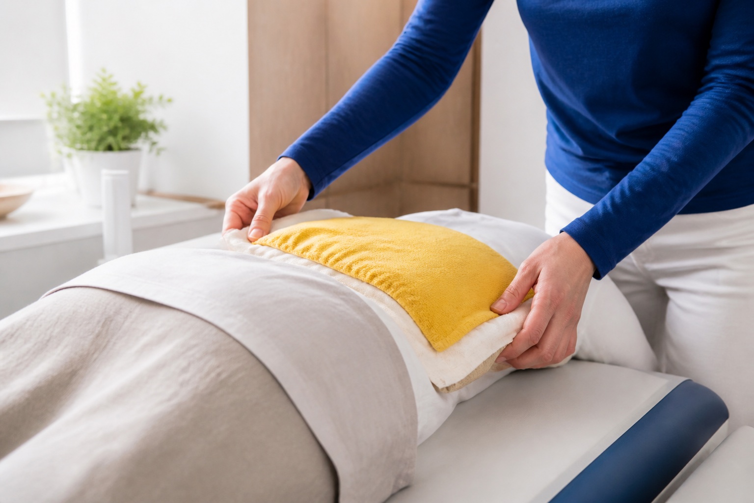 Vorbereitung einer physiotherapeutischen Wärmeanwendung mit einem eingewickelten Wärmepack